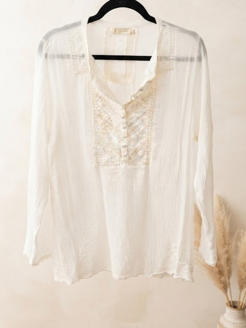 Scandinavian Boho Lace-Trim V-Neck Peasant Top in Cream Embroidered Cottage